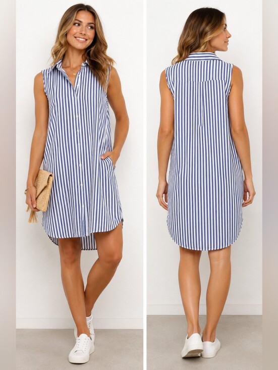 Poof! Dresses & Skirts - 💙 Poof New York Blue & White Striped Sleeveless Shirt Dress | Button Front | Si